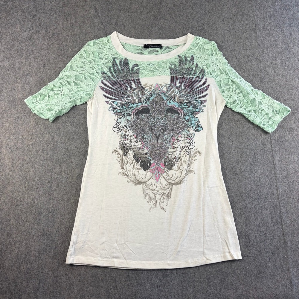 Angels & Diamonds Women Lace Sleeve Rhinestone Cross Wing Top Grunge Goth Medium